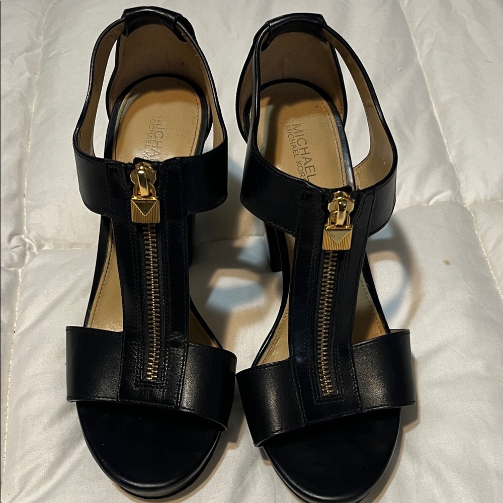 Michael Kors Black Leather T-Strap Heels with Gold Zipper Accents